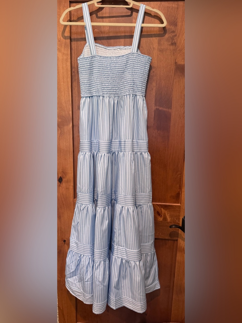 NWOT Commense Pinstripe Shirred Smocked Maxi Dress - Picture 3 of 5